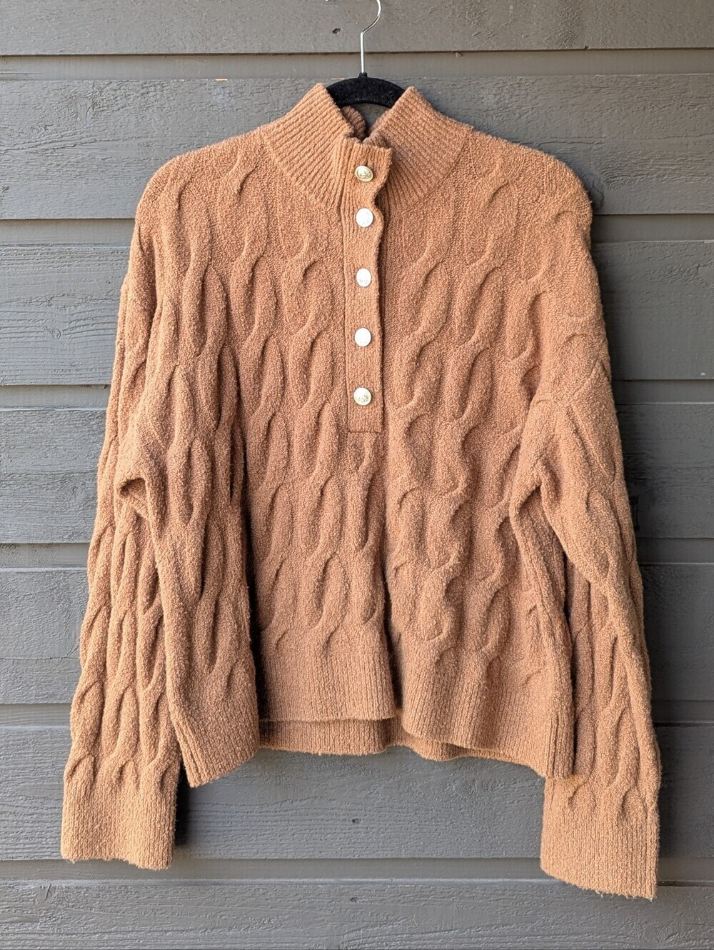 Splendid x Cella Jane Blog Knit V-Neck Long Sleeve Cable Knit Sweater Large Tan - Picture 7 of 7